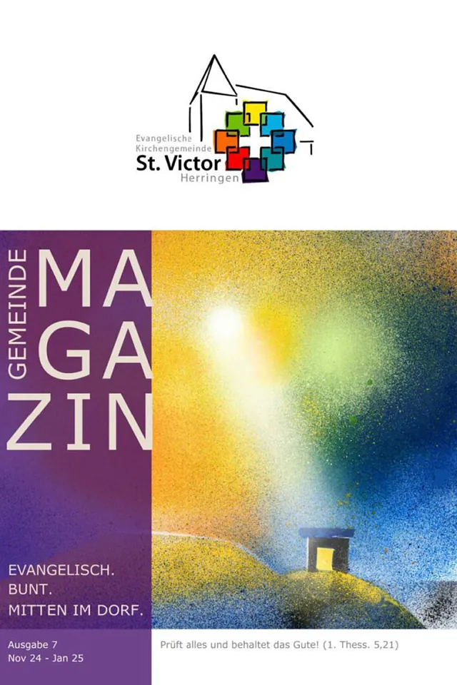 Magazintitelbild mit abstraktem Licht, Altar und Kirchenlogo.
