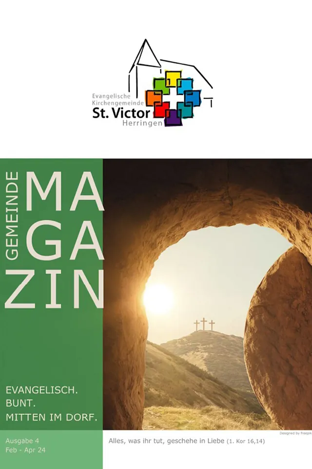 Magazintitelbild mit Sonne durch eine Höhle und Kirchenlogo.