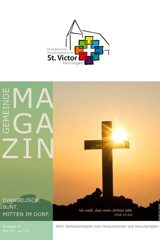 Magazintitelbild mit Kreuz bei Sonnenuntergang und Kirchenlogo.