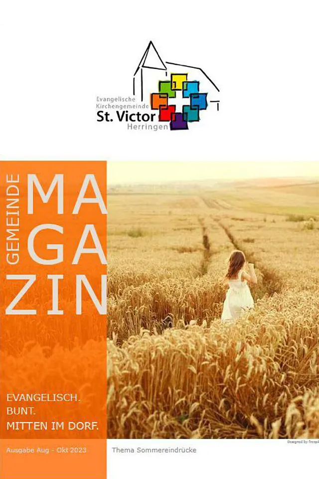 Magazintitelbild mit Person in Getreidefeld und Kirchenlogo.
