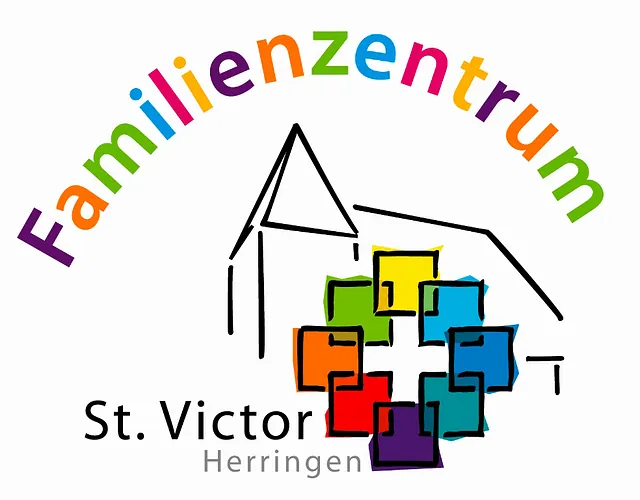 Logo: Familienzentrum St. Victor Herringen mit bunter Schrift und stilisiertem Gebäude.