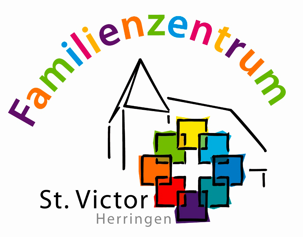 Logo: Familienzentrum St. Victor Herringen mit bunter Schrift und stilisiertem Gebäude.