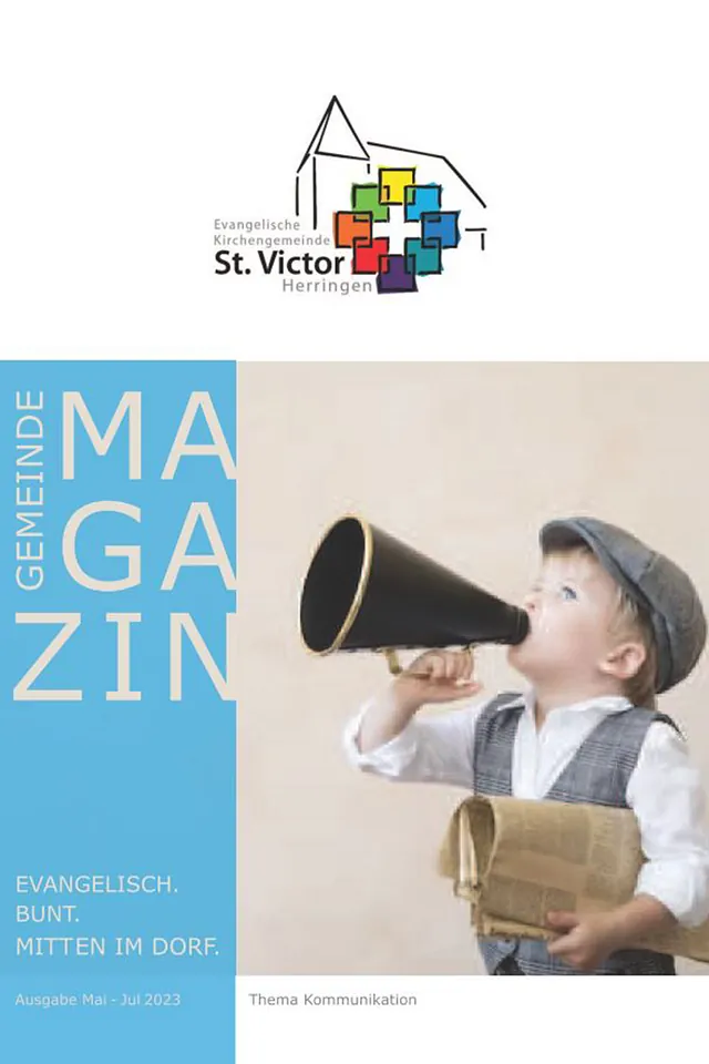 Magazintitelbild mit Kind, das in Megafon spricht, und Zeitung.
