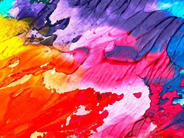Abstrakte Malerei mit kräftigen Pinselstrichen in Rot, Gelb, Lila und Pink.