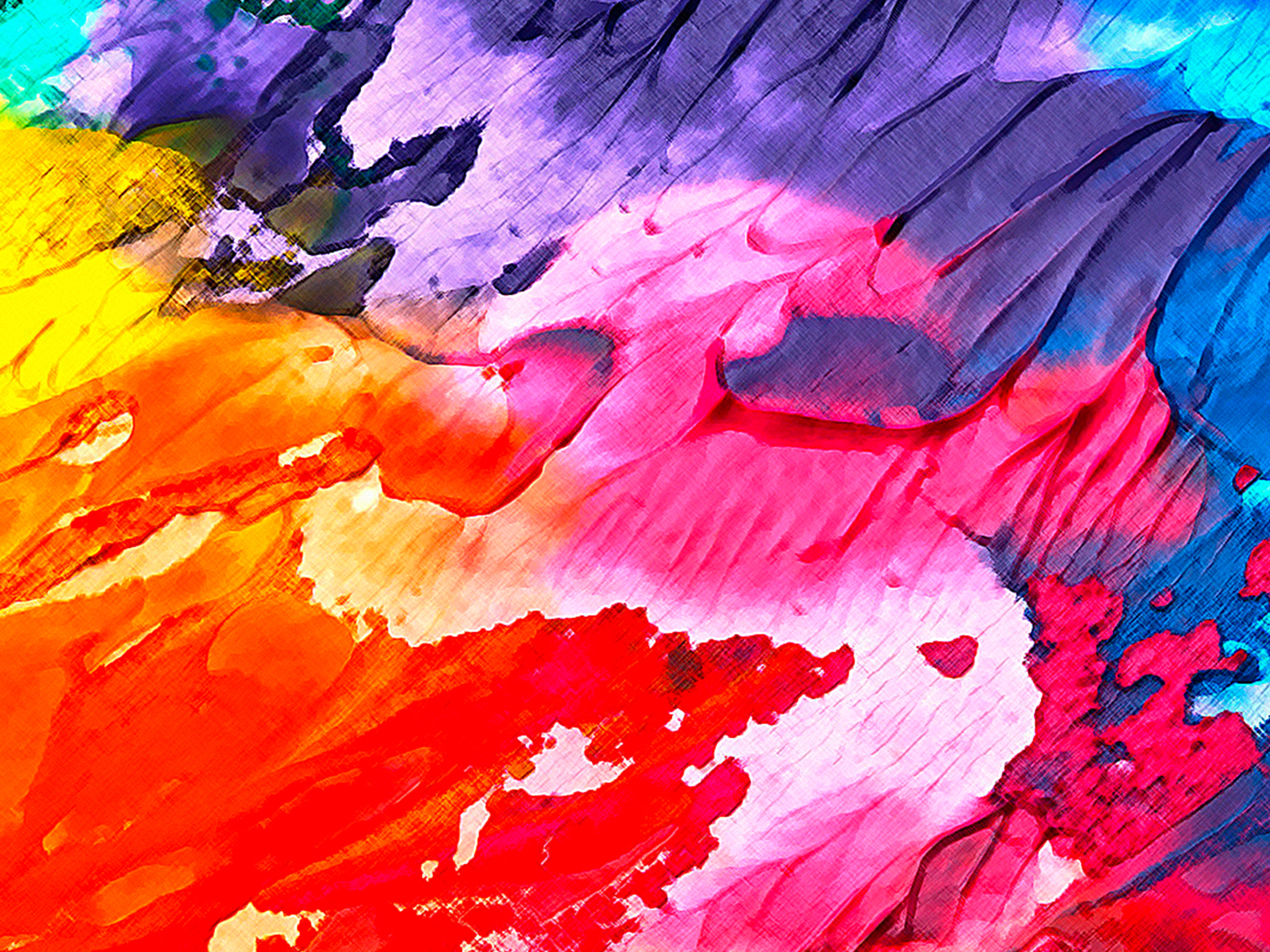 Abstrakte Malerei mit kräftigen Pinselstrichen in Rot, Gelb, Lila und Pink.