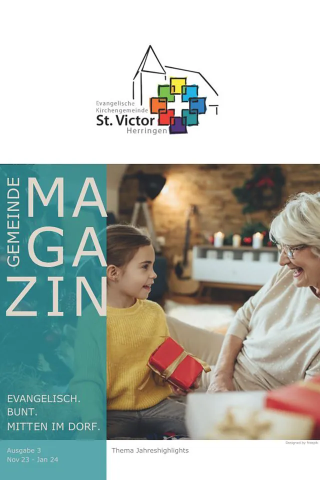 Magazintitelbild mit Kind, das Geschenk erhält, und Kirchenlogo.