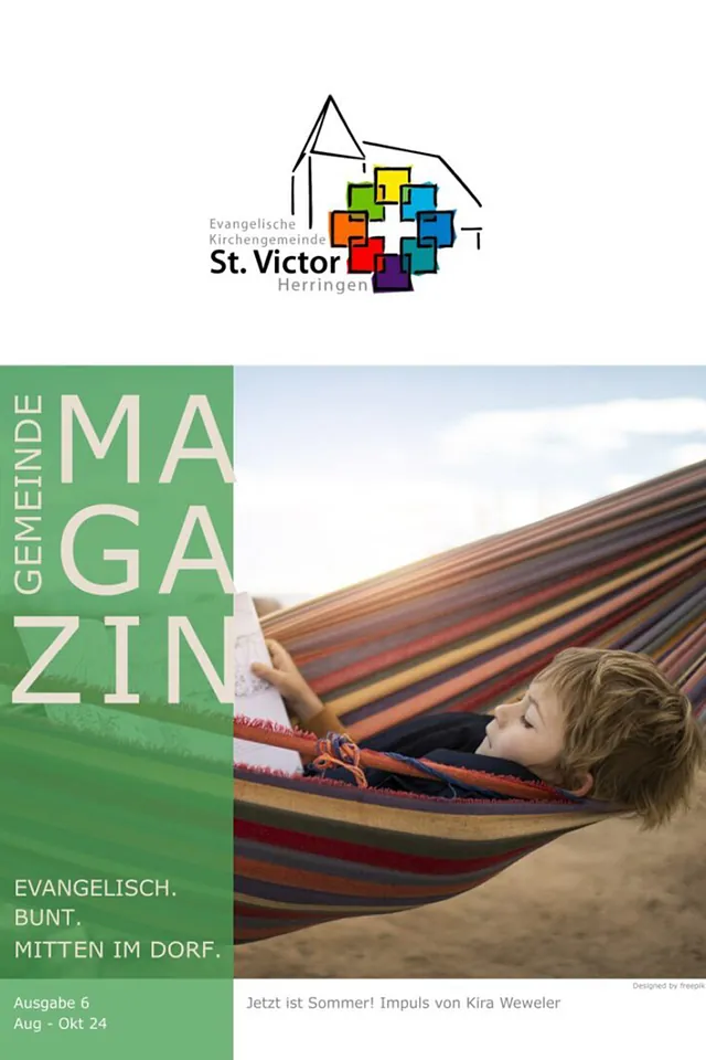 Magazintitelbild mit Person in Hängematte und Kirchenlogo.